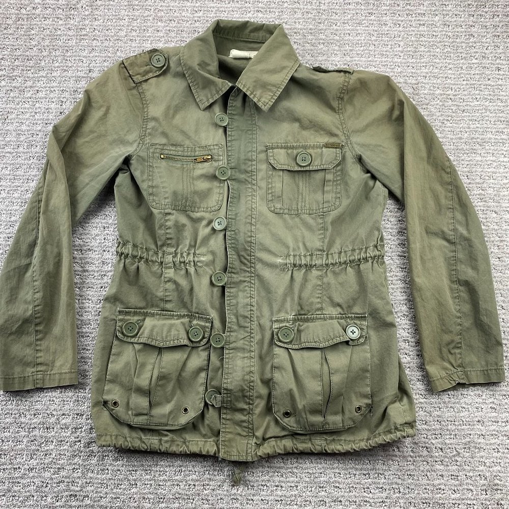 Billabong Shirt Women Small S Green Khaki Buttons Full Zip Light Jacket Cargo